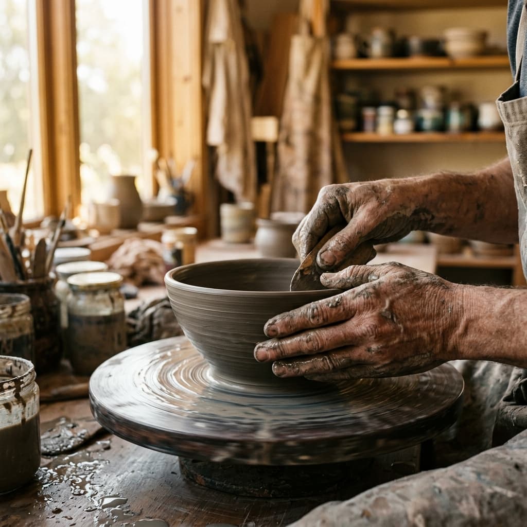 Hands shaping clay on a pottery wheel